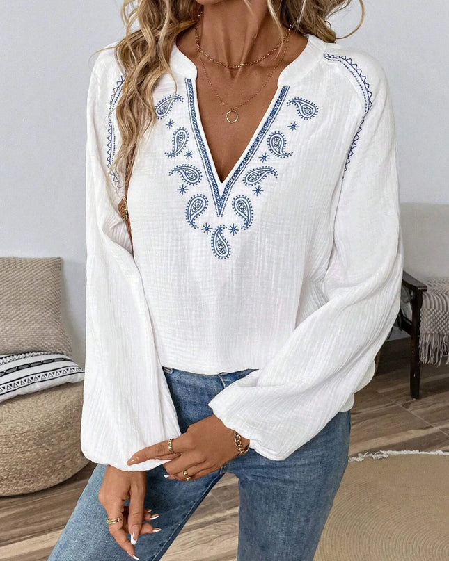 Paisley Pattern Notched Long Sleeve Blouse