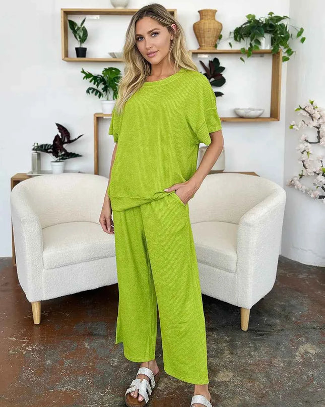 Double Take Full Size Texture Round Neck Short Sleeve T-Shirt and Wide Leg Pants