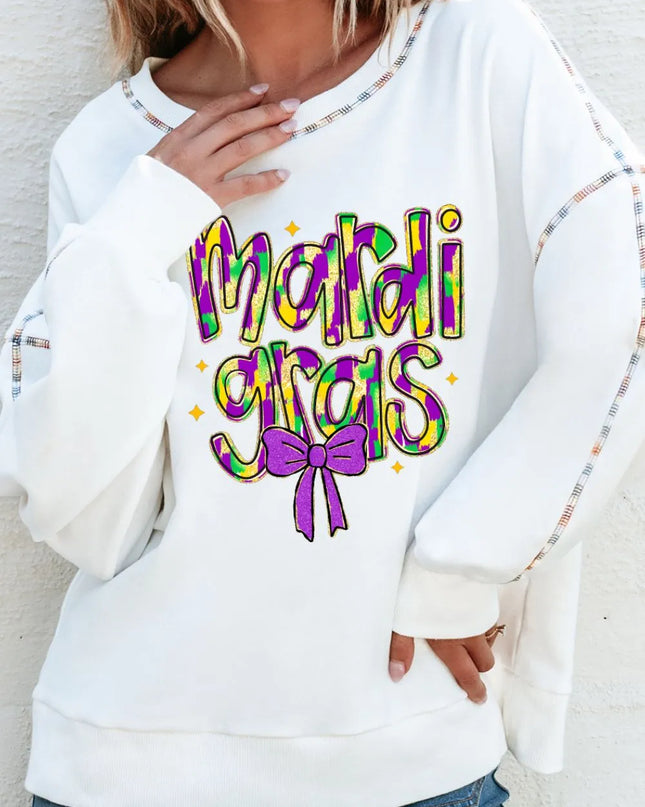 MARDI GRAS Round Neck Long Sleeve Sweatshirt White