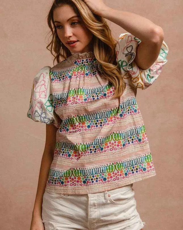 BiBi Ruffle Neckline Blouse With Embroidery Bubble Sleeve