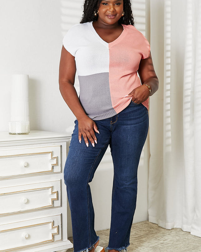 Color Block V-Neck Knit Top