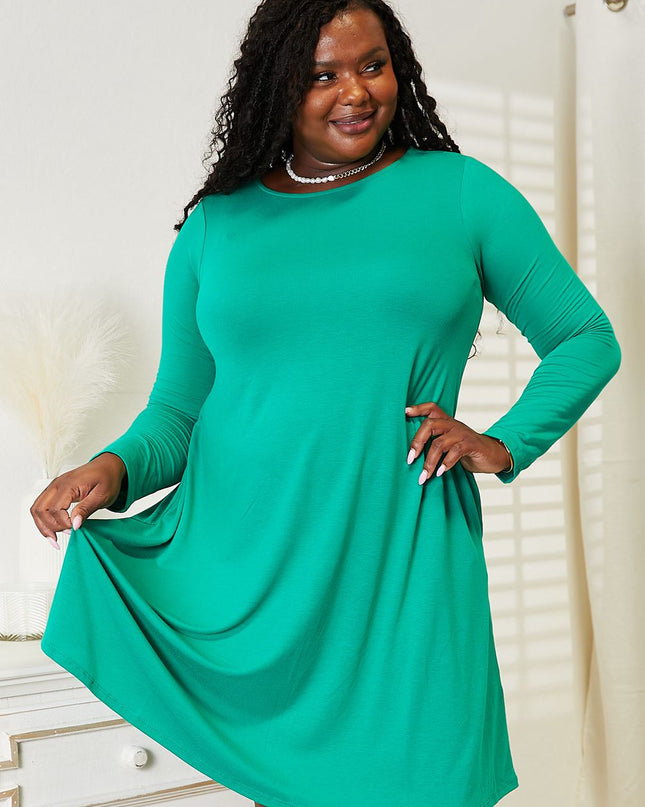 Zenana Full Size Long Sleeve Flare Dress with Pockets Turquoise