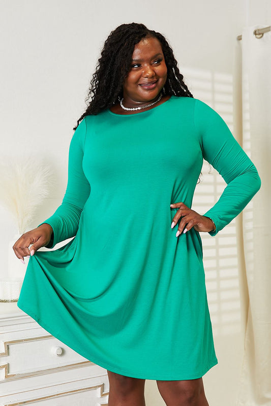Zenana Full Size Long Sleeve Flare Dress with Pockets Turquoise