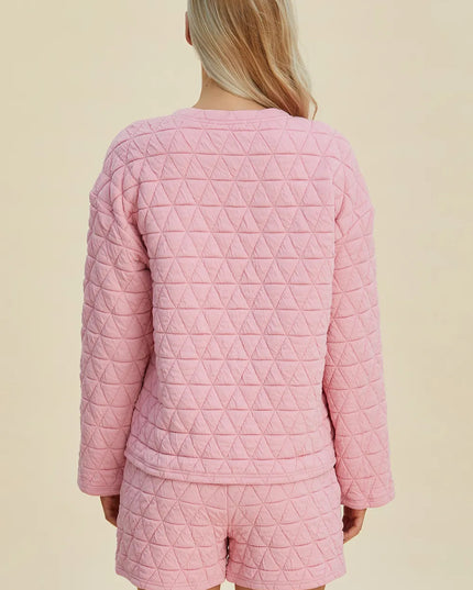 Double Take Full Size Texture Round Neck Long Sleeve Top and Shorts Set