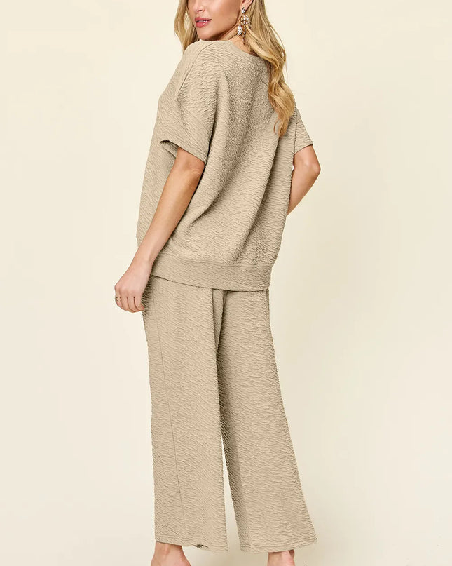 Double Take Full Size Texture Short Sleeve Top and Pants Set