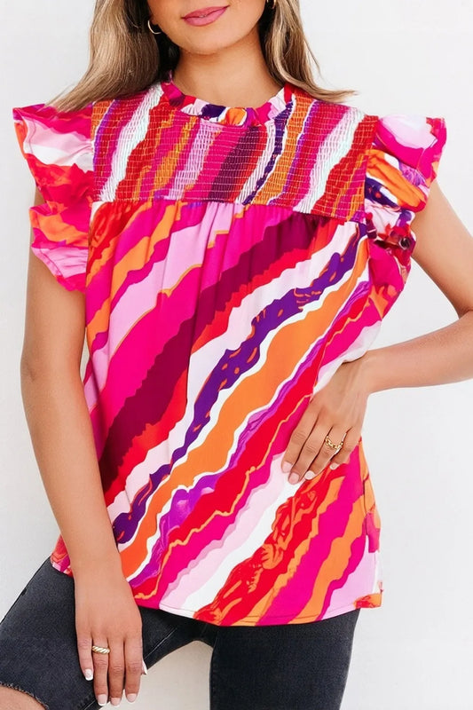 Abstract Print Shirred Yoke Ruffled Blouse Strawberry