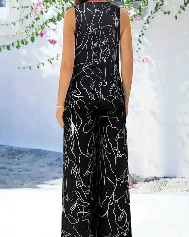 Abstract Print Round Neck Tank and Pants Set