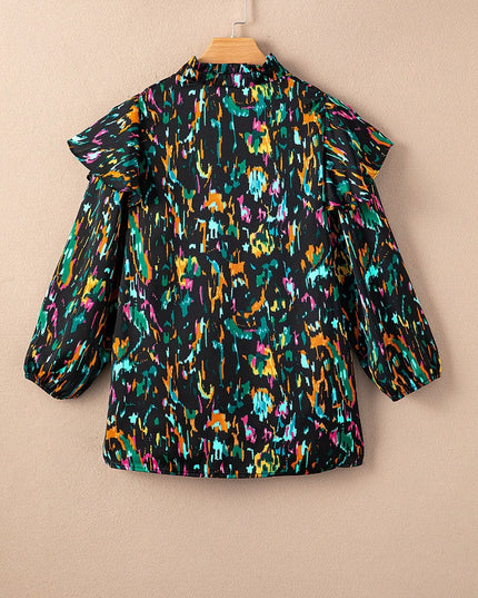 Abstract Print 3/4 Sleeve Ruffle Blouse