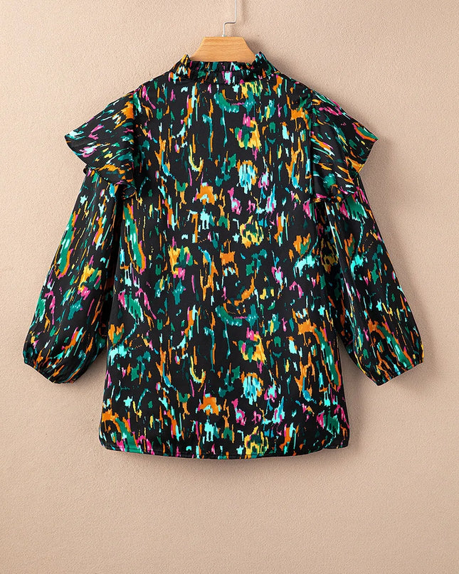 Abstract Print 3/4 Sleeve Ruffle Blouse