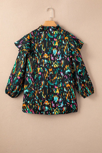 Abstract Print 3/4 Sleeve Ruffle Blouse
