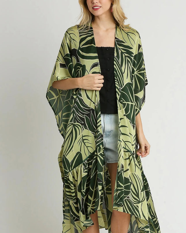 Umgee Satin Tropical Plant Print Open Front Kimono with Ruffle Details
