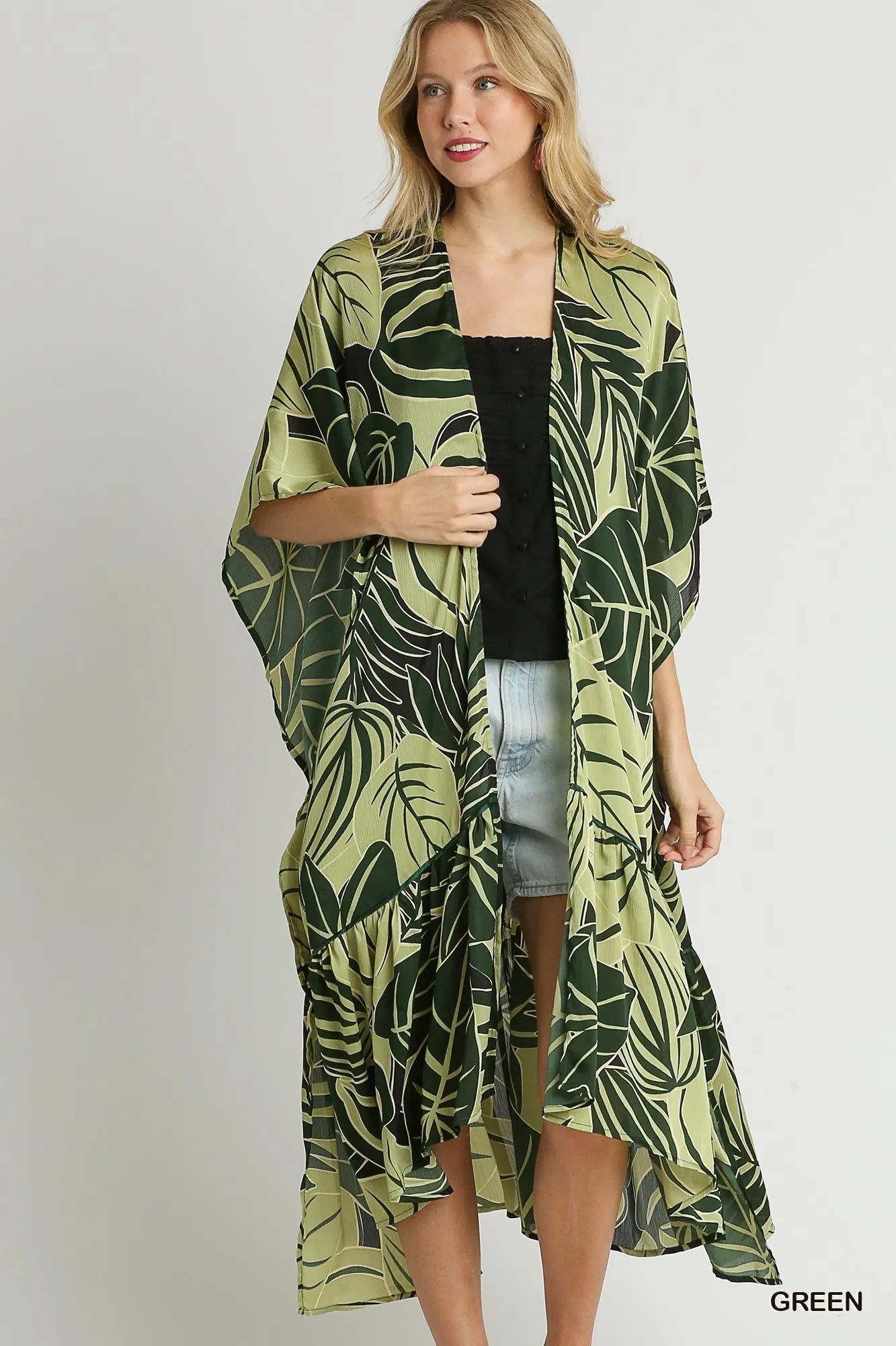 Umgee Satin Tropical Plant Print Open Front Kimono with Ruffle Details
