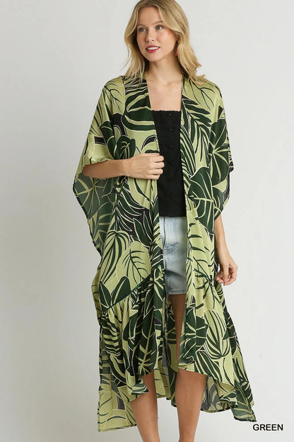Umgee Satin Tropical Plant Print Open Front Kimono with Ruffle Details
