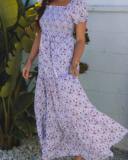 Tiered Floral Shirred High Waist Maxi Dress