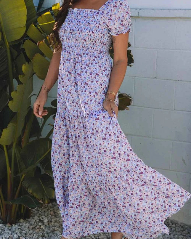 Tiered Floral Shirred High Waist Maxi Dress