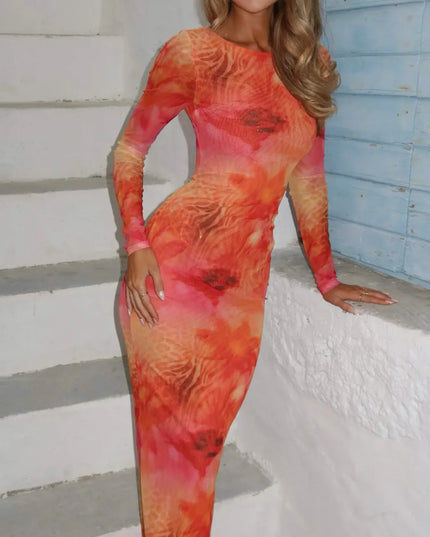 Tie-Dye Long Sleeve Maxi Bodycon Dress