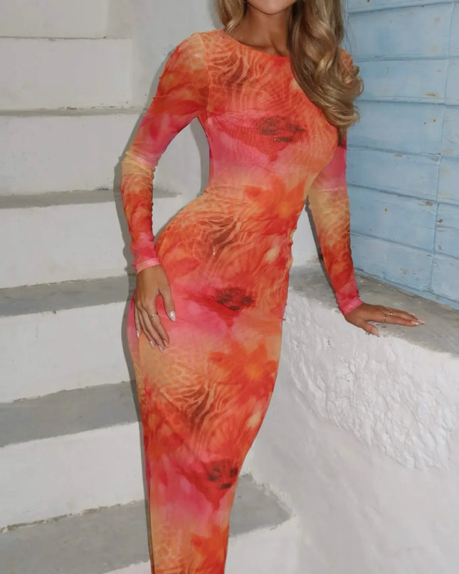 Tie-Dye Long Sleeve Maxi Bodycon Dress