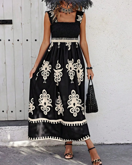 Smocked Printed Wide Strap Maxi Dress 