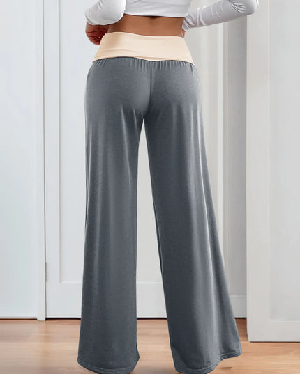Contrast Waistband Wide Leg Pants