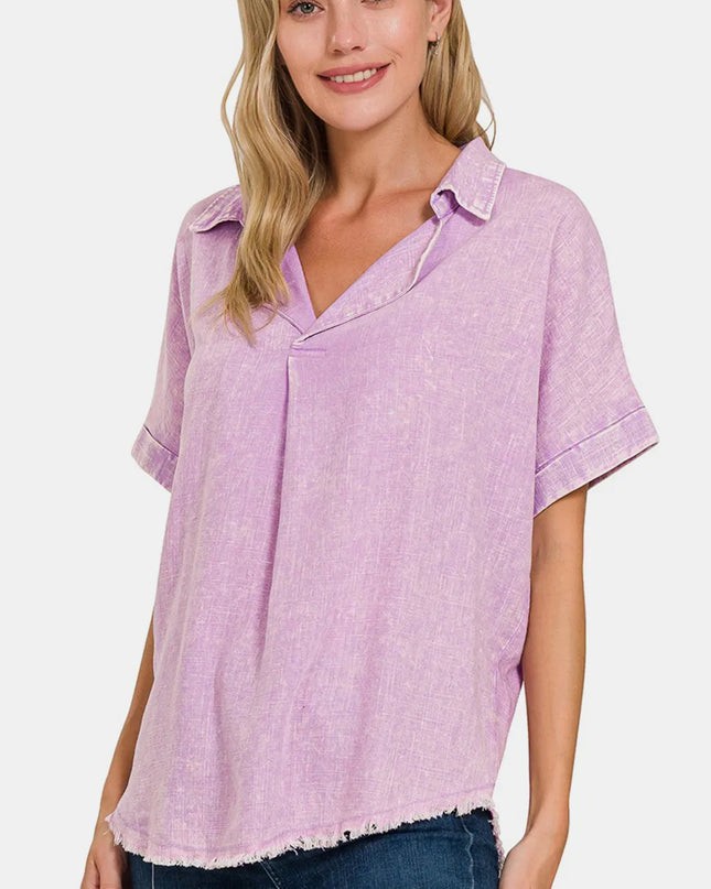 Zenana Washed Linen Raw Hem V-Neck Shirt BLAVENDER