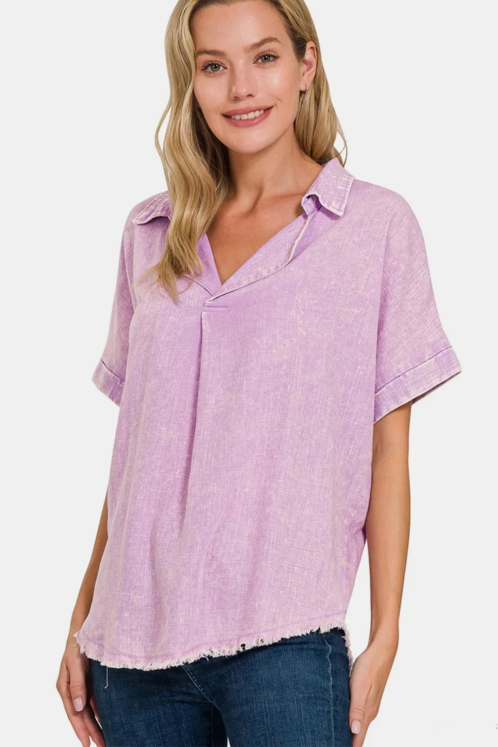 Zenana Washed Linen Raw Hem V-Neck Shirt BLAVENDER