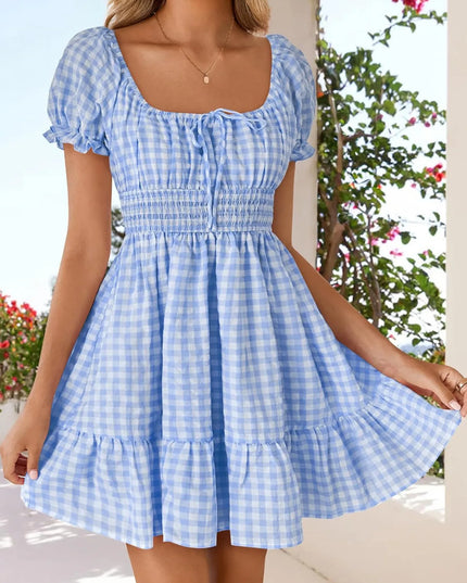 Gingham Smocked Puff Sleeve Summer Dress Blue