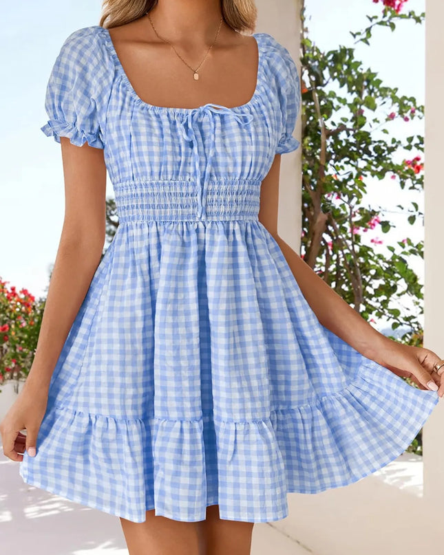 Gingham Smocked Puff Sleeve Summer Dress Blue