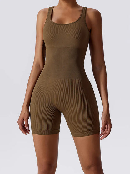 Basic Bae Ribbed Sleeveless Active Romper Brown