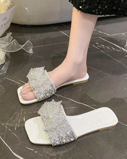 Rhinestone Embellished Flats Slip-On Sandals 