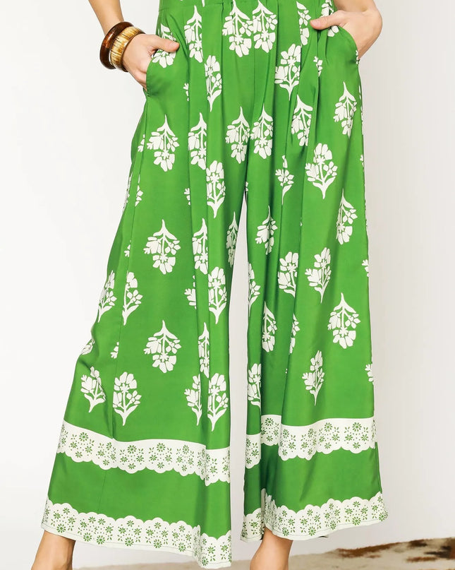 Umgee Floral Pleated Wide-Leg Pants Green