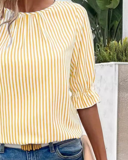 Striped Round Neck Half Sleeve Casual Blouse