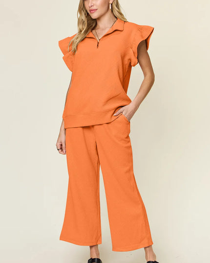Double Take Texture Ruffle Short Sleeve Top and Drawstring Wide Leg Pants Set Tangerine