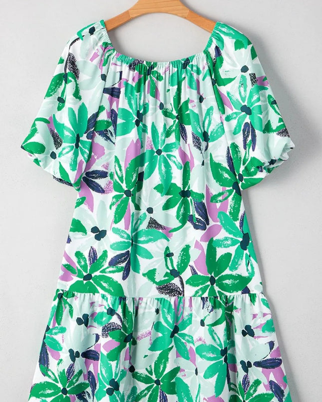 Floral Print Shirred Square Neck Loose Fit Mini Dress