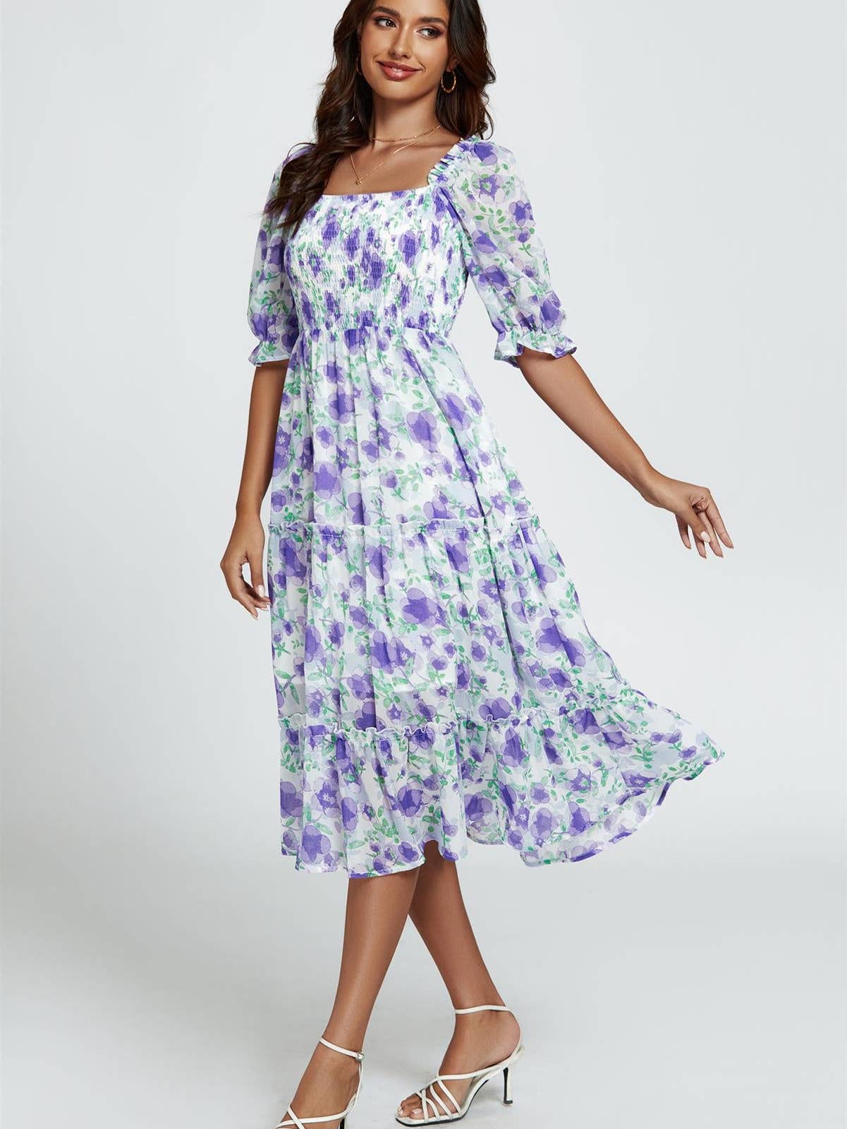 Floral Print Bardot Puff Sleeve Elasticated Detail Midi Dress in White