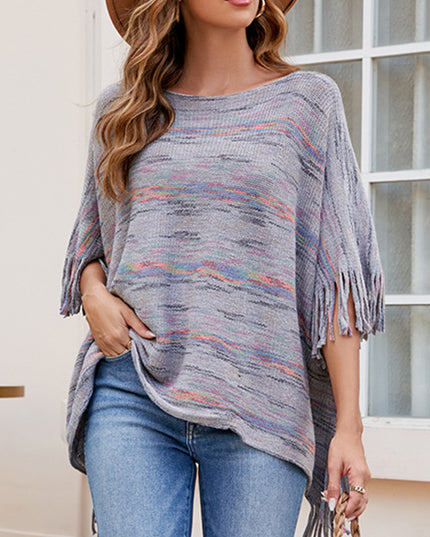 Round Neck Fringe Detail Sleeve Poncho Charcoal One Size