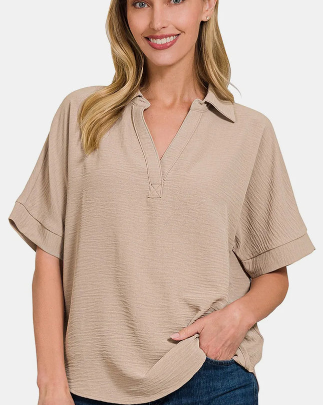 Zenana Texture Collared Neck Short Sleeve Top Ash Mocha