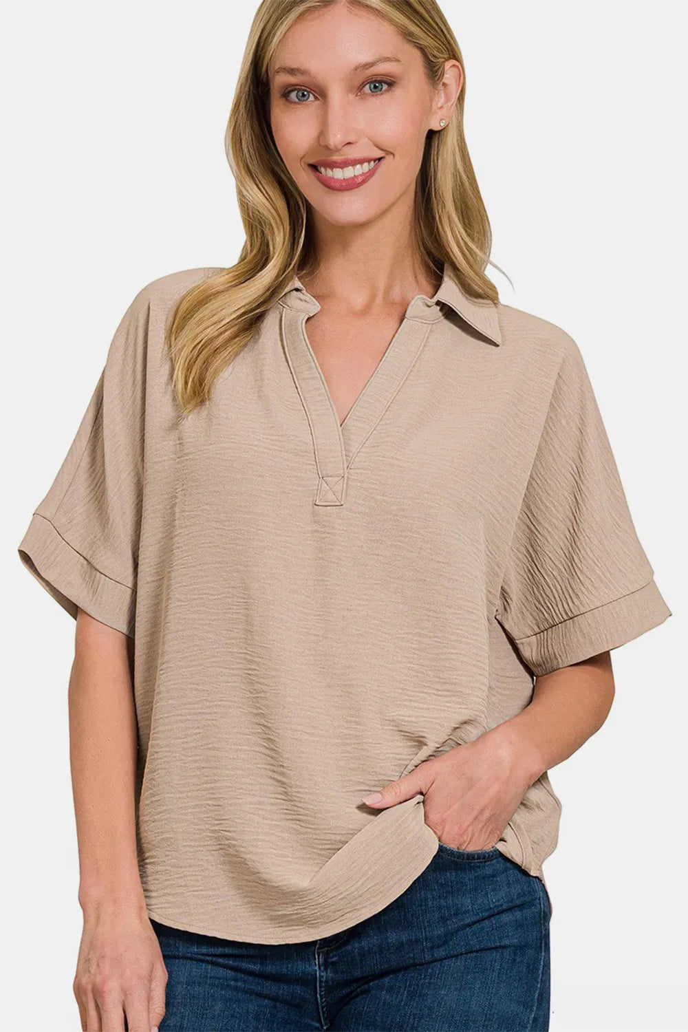 Zenana Texture Collared Neck Short Sleeve Top Ash Mocha