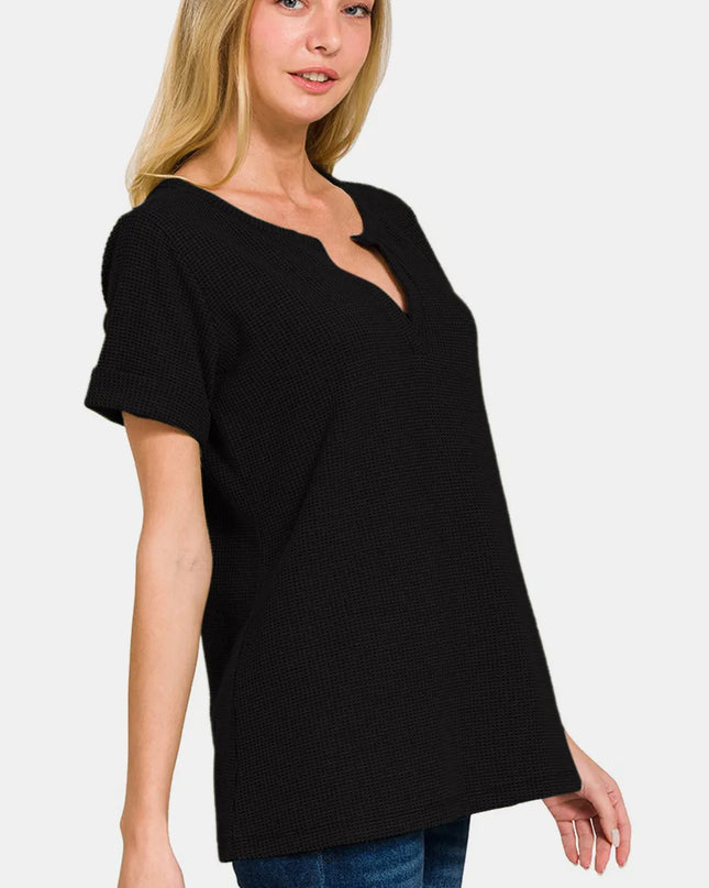 Zenana Notched Short Sleeve Waffle T-Shirt