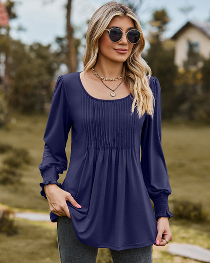 Puff Sleeve Pleated Blouse Navy