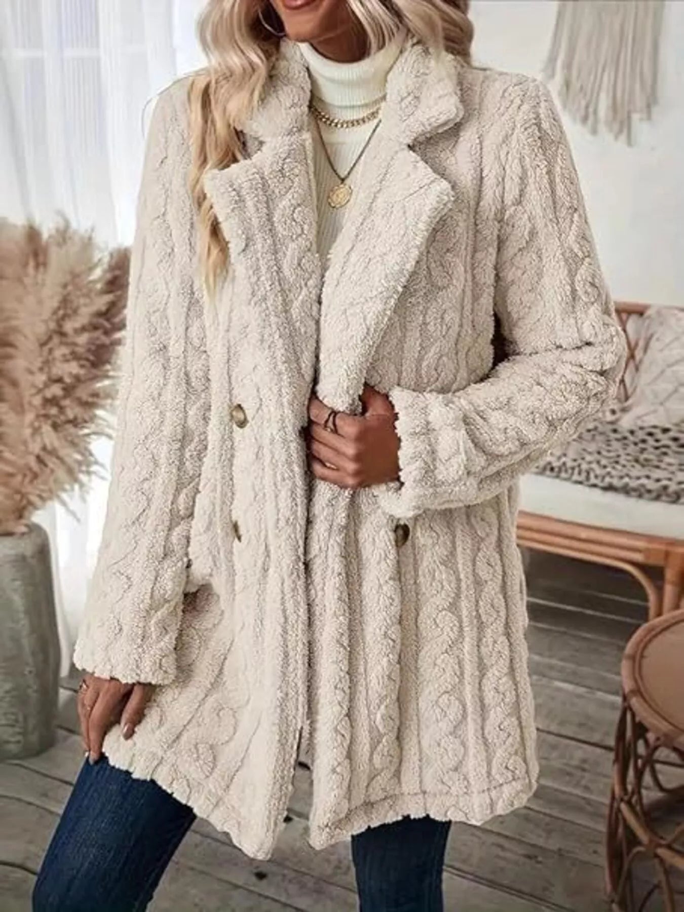 Double-Breasted Fleece Longline Coat