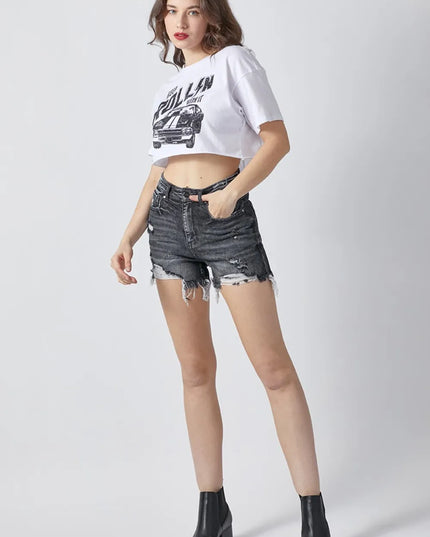 RISEN Full Size High Rise Distressed Denim Shorts 