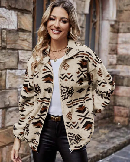 Geometric Zip Up Long Sleeve Outerwear Tan