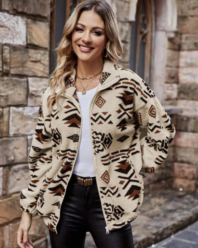 Geometric Zip Up Long Sleeve Outerwear Tan