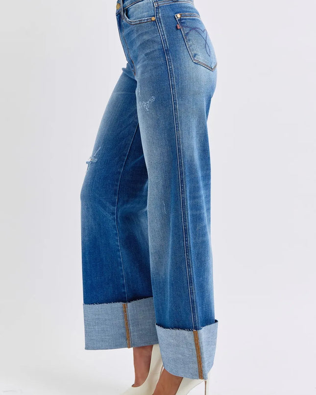 Judy Blue Full Size Distressed High Waist Wide Leg Jeans