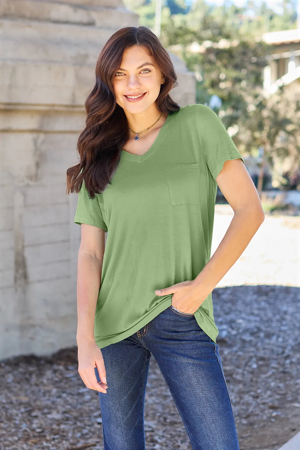 Basic Bae Bamboo Full Size V-Neck Short Sleeve T-Shirt Matcha Green