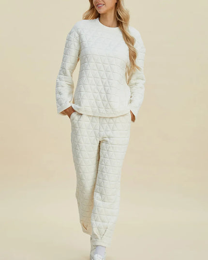 Double Take Full Size Texture Round Neck Long Sleeve Top and Pants Set