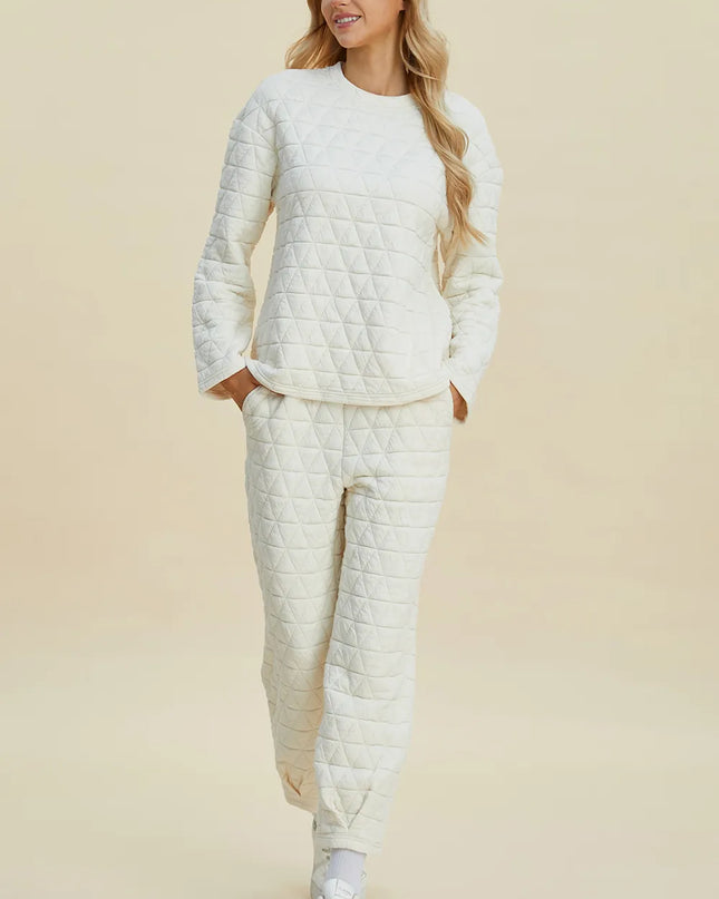 Double Take Full Size Texture Round Neck Long Sleeve Top and Pants Set