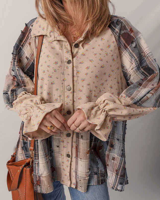 Boho Floral Plaid Patchwork Distressed Detail Ruffled Sleeve Waffle Knit Shacket Multicolor