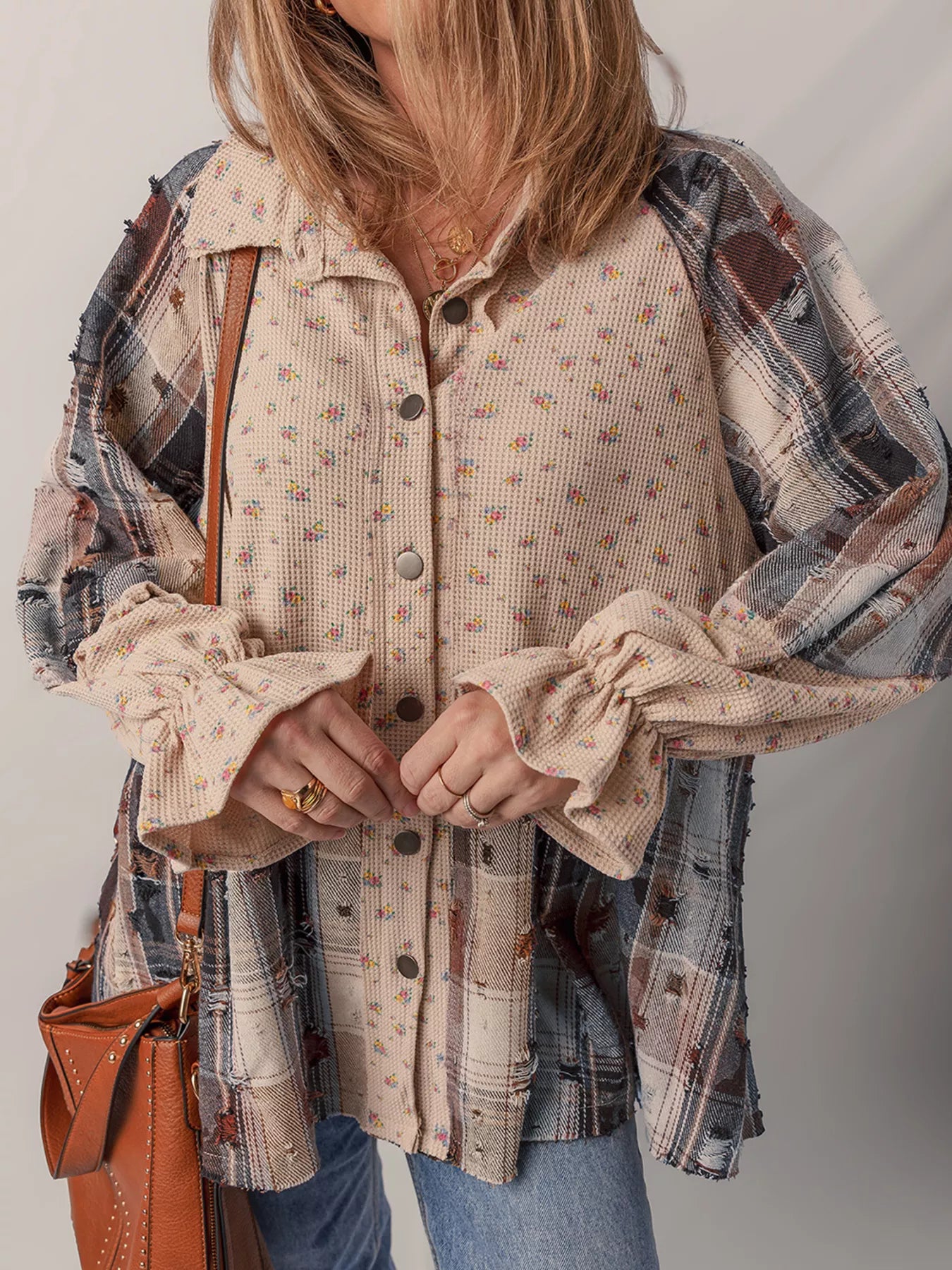 Boho Floral Plaid Patchwork Distressed Detail Ruffled Sleeve Waffle Knit Shacket Multicolor
