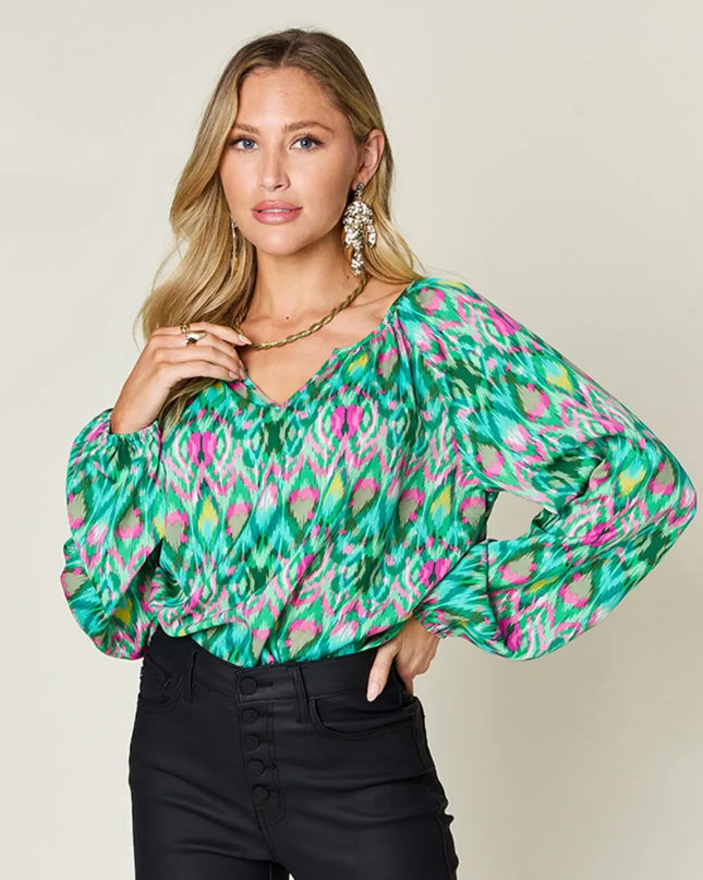 Double Take Full Size Printed Balloon Sleeve Blouse Green